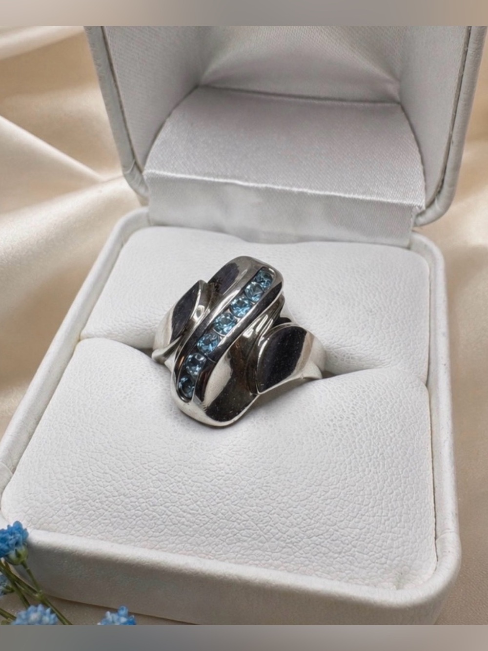 Ring Blue Topaz 925 Sterling Silver Geometric Wave Ring